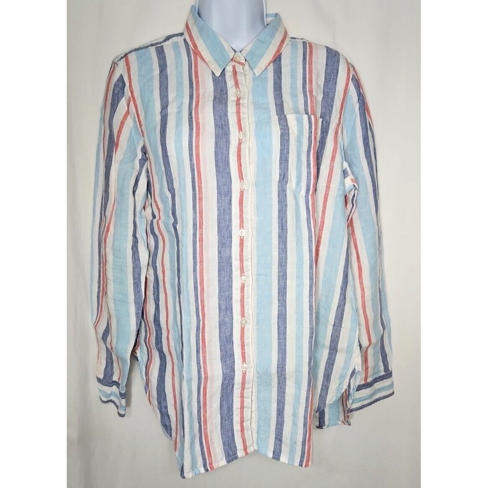 LL Bean Women's Striped Button Up Long Sleeve Linen Shirt Size Medium